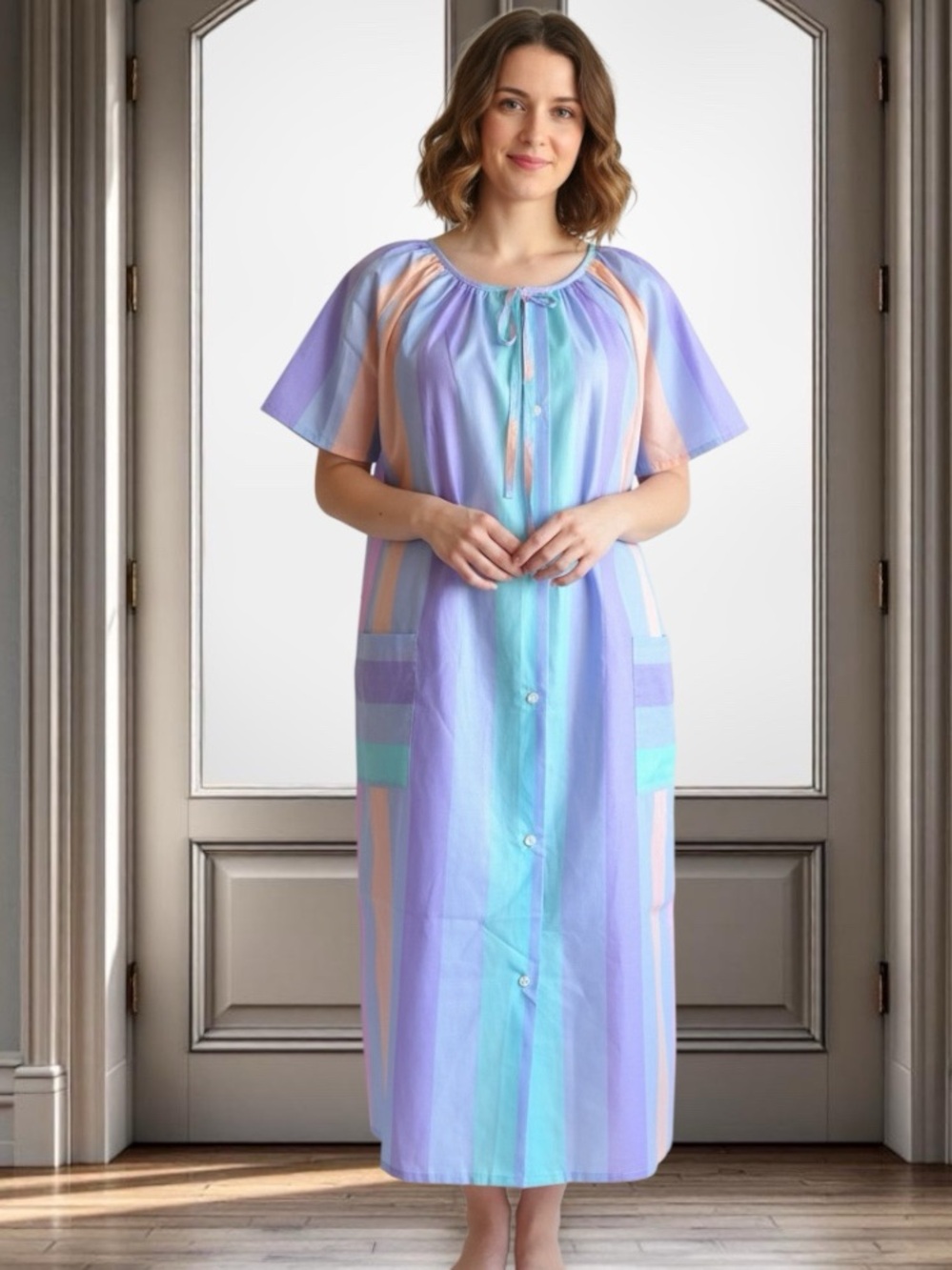 Vintage Pastel Striped House Coat Robe Size Large